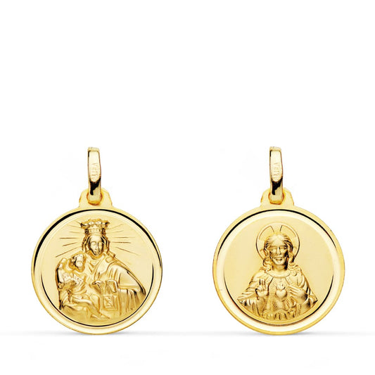 18K ESCAPULARIO ORO AMARILLO VIRGEN CARMEN CORAZON JESUS 16 MM