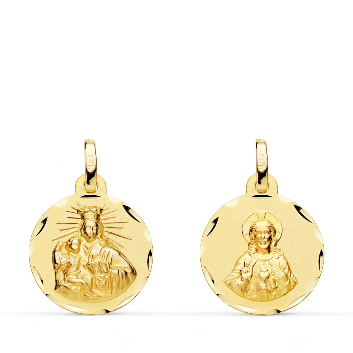 18K ESCAPULARIO ORO AMARILLO CORAZON DE JESUS Y VIRGEN DEL CARMEN ORO AMARILLO TALLADO 16 MM