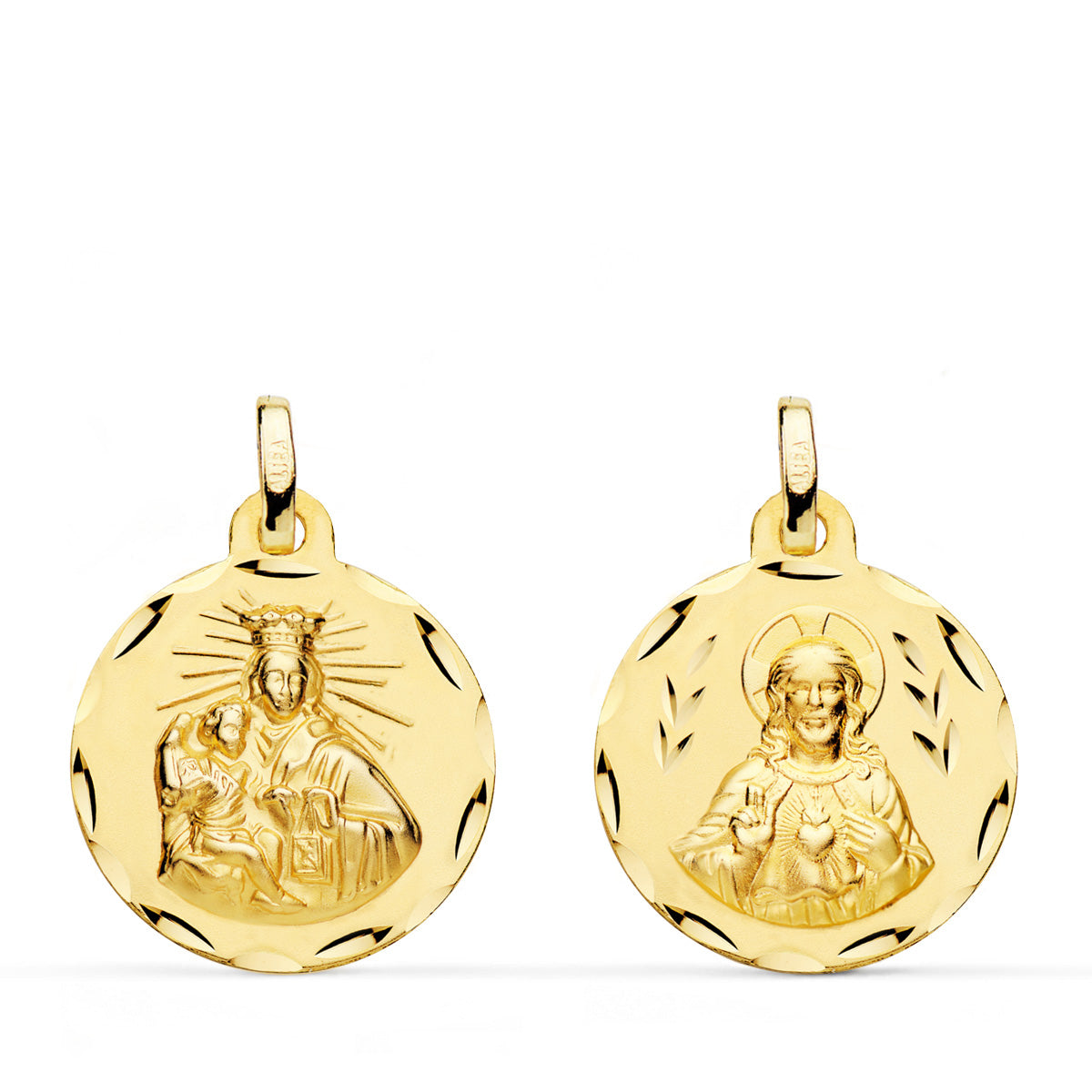 Escapulario Corazon de Jesus y Virgen del Carmen Tallado 18 mm de oro amarillo 18K