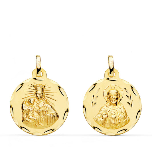 Escapulario Corazon de Jesus y Virgen del Carmen Tallado 18 mm de oro amarillo 18K