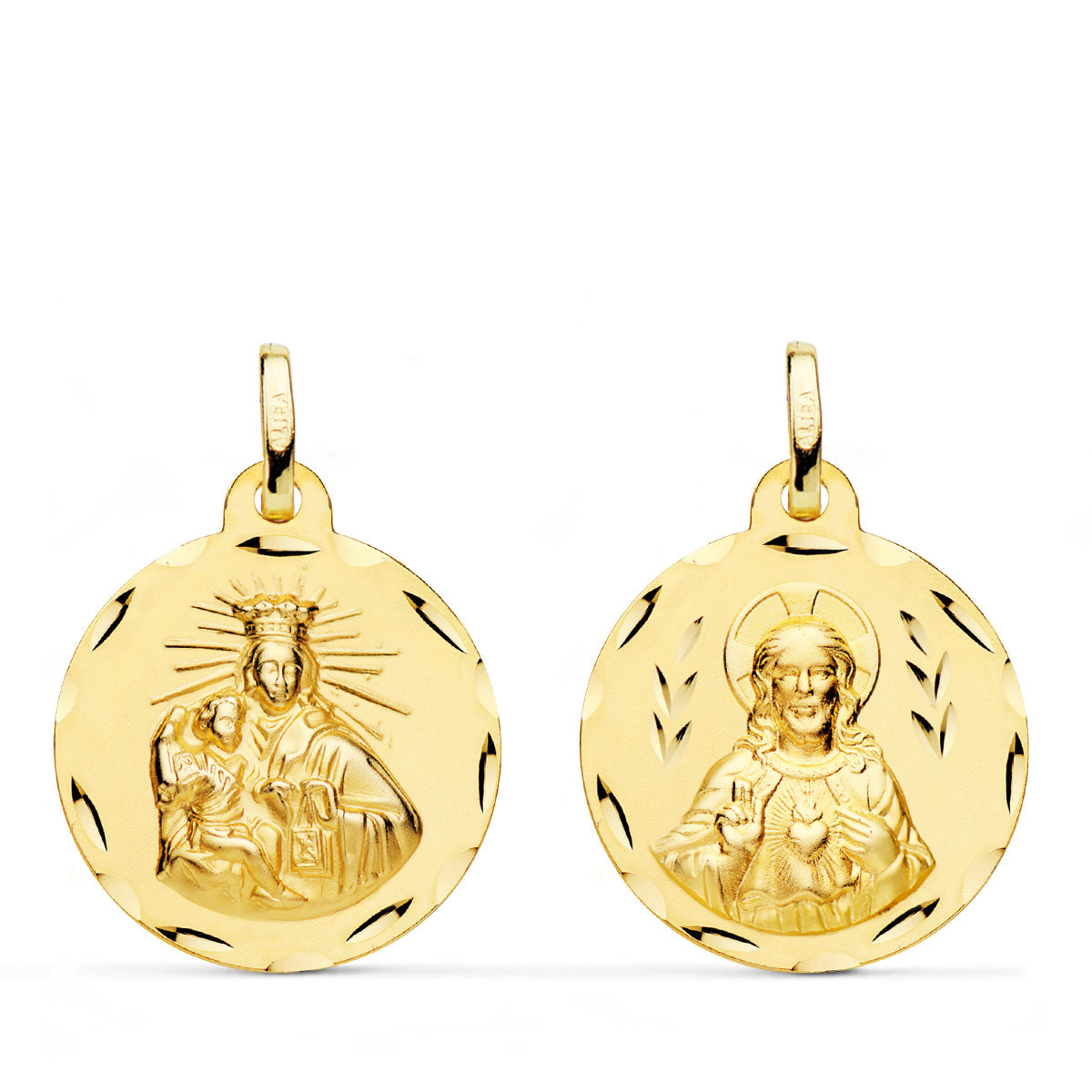 Escapulario Corazon de Jesus y Virgen del Carmen Tallado 20 mm de oro amarillo 18K