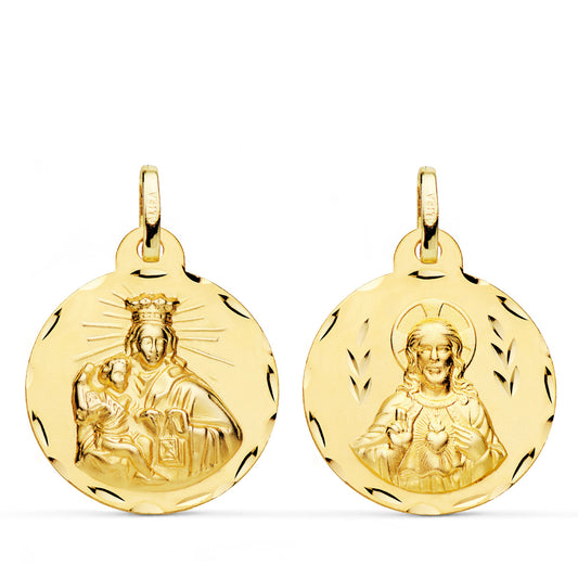 Escapulario Corazon de Jesus y Virgen del Carmen Tallado 22 mm de oro amarillo 18K