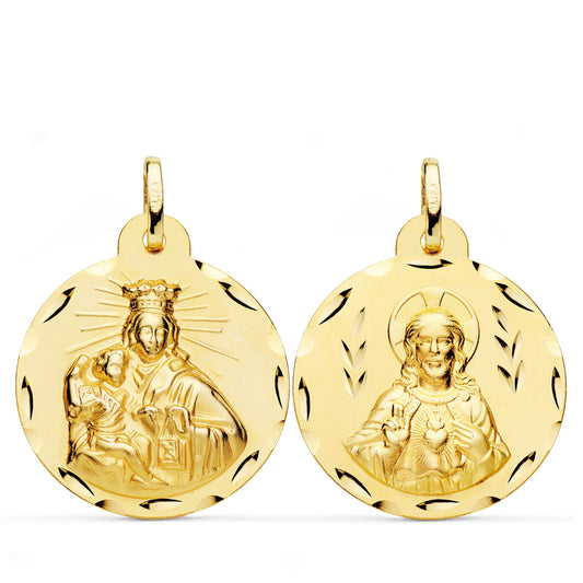 Escapulario Corazon de Jesus y Virgen del Carmen Tallado 24 mm de oro amarillo 18K