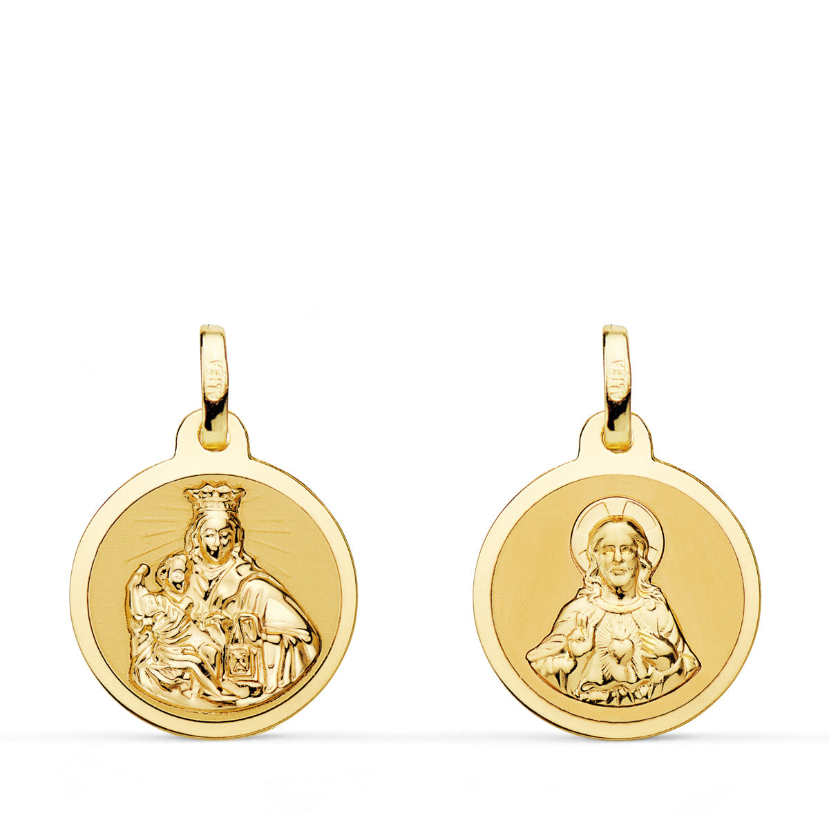 Escapulario Virgen del Carmen y Corazon de Jesus en Brillo 16 mm de oro amarillo 18K