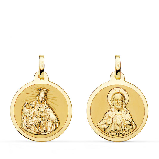 Escapulario Virgen del Carmen y Corazon de Jesus en Brillo 18 mm de oro amarillo 18K