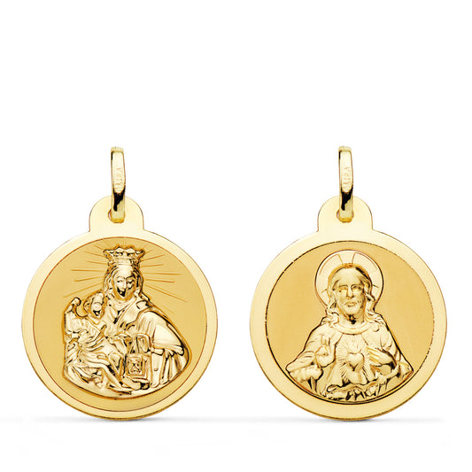 Escapulario Virgen del Carmen y Corazon de Jesus en Brillo 20 mm de oro amarillo 18K