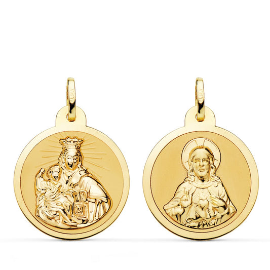 18K ESCAPULARIO ORO AMARILLO VIRGEN DEL CARMEN Y CORAZON DE JESUS EN BRILLO 22 MM