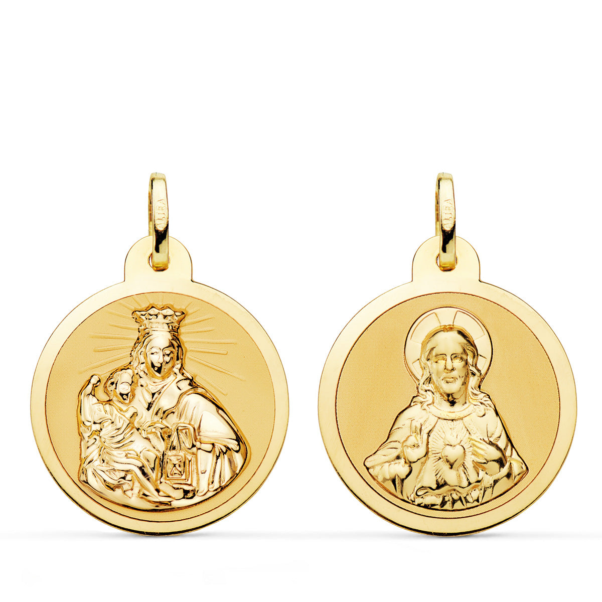 Escapulario Virgen del Carmen y Corazon de Jesus en Brillo 22 mm de oro amarillo 18K