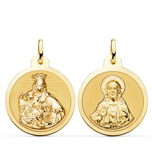 18K ESCAPULARIO ORO AMARILLO VIRGEN DEL CARMEN Y CORAZON DE JESUS EN BRILLO 24 MM