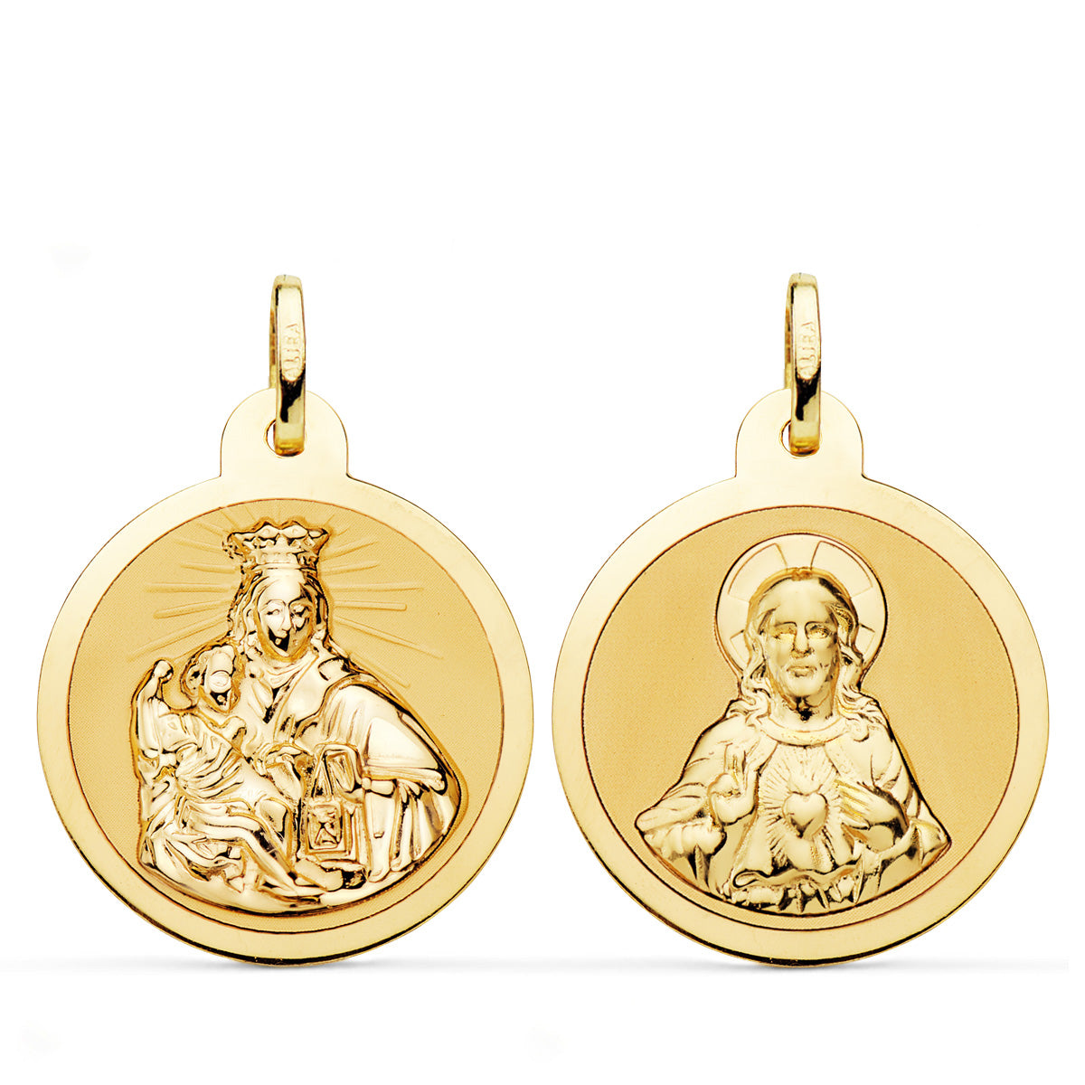 Escapulario Virgen del Carmen y Corazon de Jesus en Brillo 24 mm de oro amarillo 18K