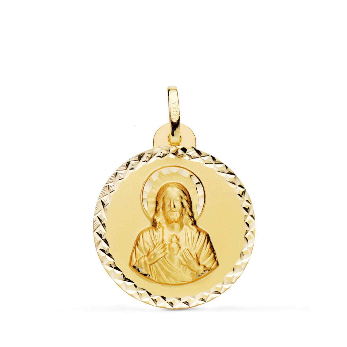 Medalla Sagrado Corazon de Jesus Talla Cruzada 22 mm de oro amarillo 18K
