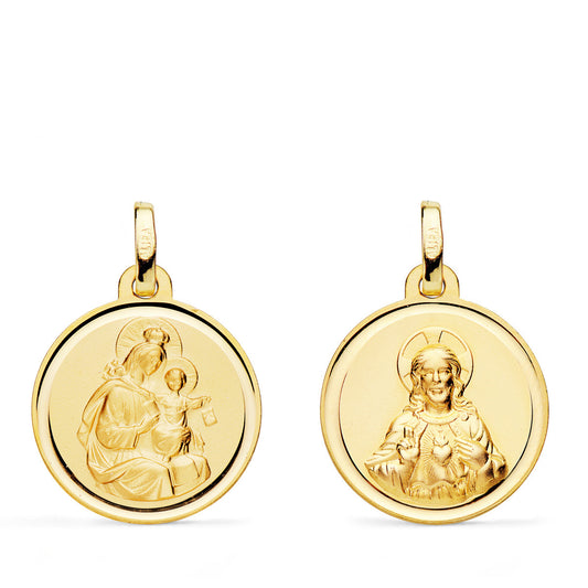 Escapulario Virgen del Carmen y Corazon de Jesus Bisel 18 mm de oro amarillo 18K