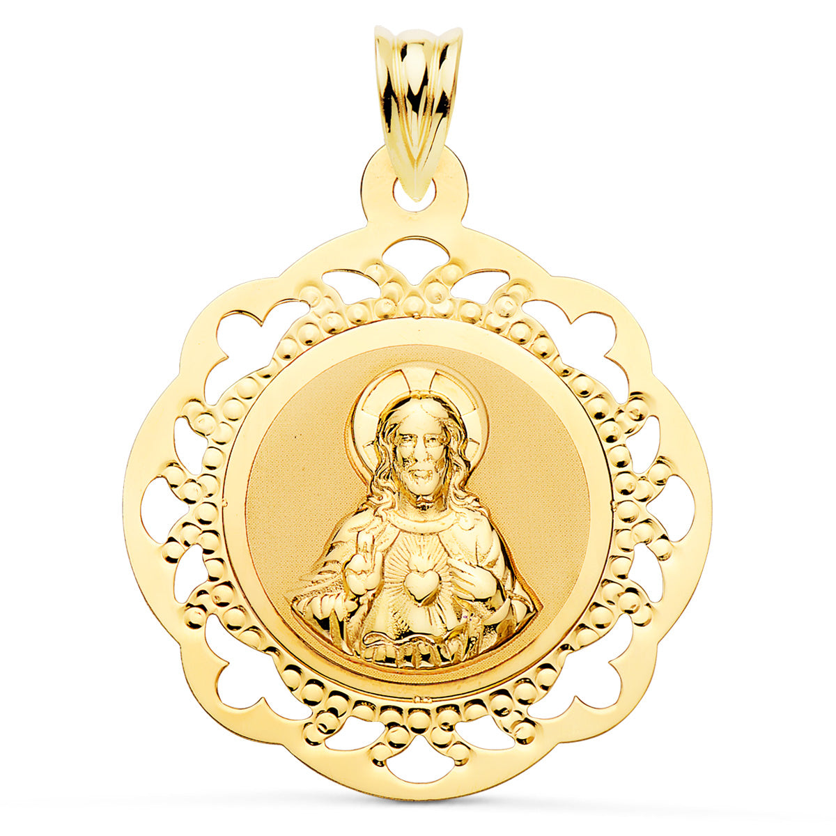 Escapulario Virgen del Carmen y Corazon de Jesus Calado Brillo 31 x 27 mm de oro amarillo 18K