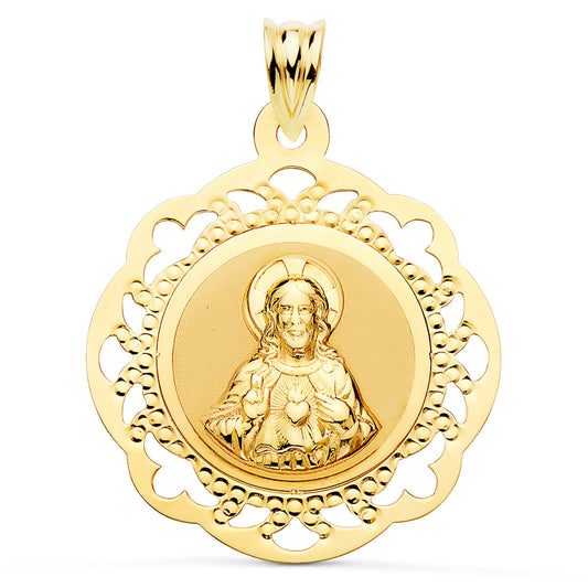 Escapulario Virgen del Carmen y Corazon de Jesus Calado Brillo 31 x 27 mm de oro amarillo 18K
