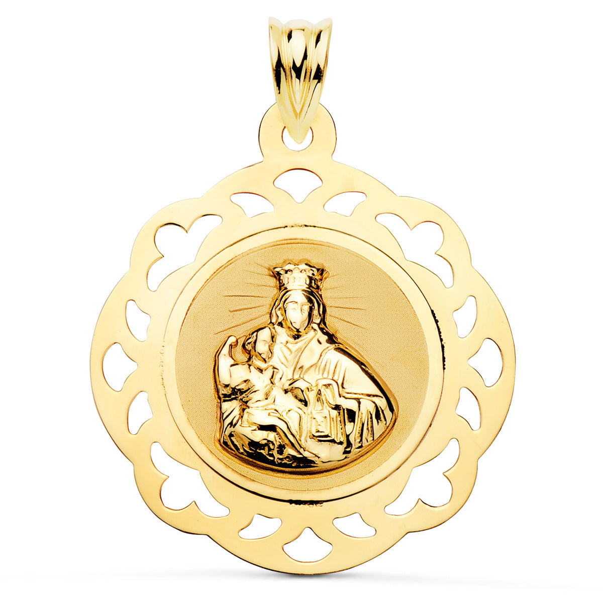 Escapulario Virgen del Carmen y Corazon de Jesus Calado Brillo 31 x 27 mm de oro amarillo 18K
