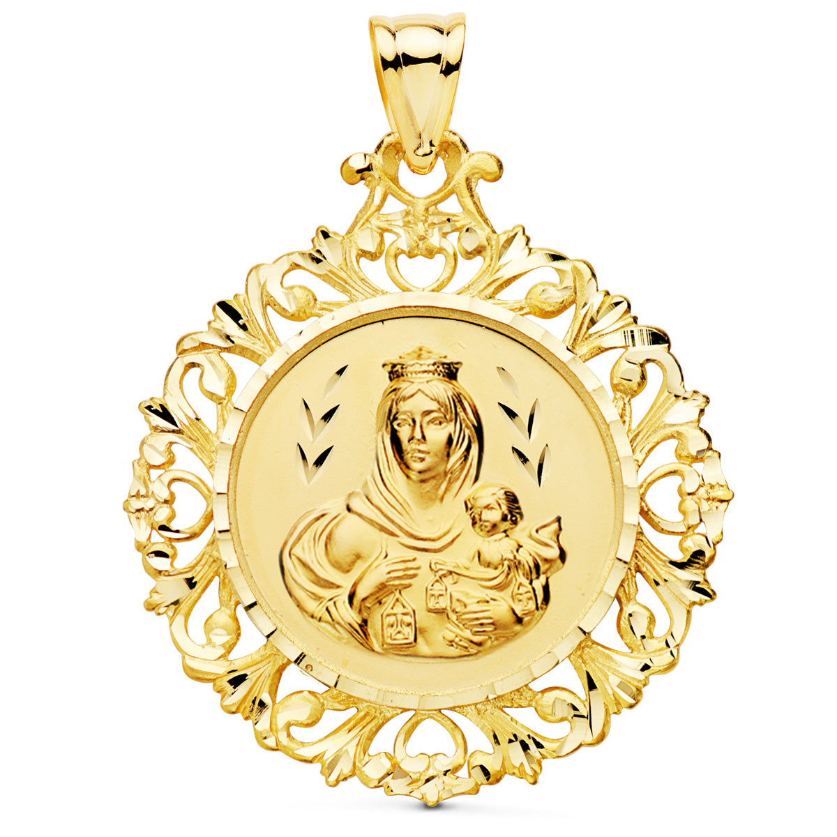 Medalla Escapulario Cerco Corazon de Jesus y V Carmen 45 x 40 mm de oro amarillo 18K