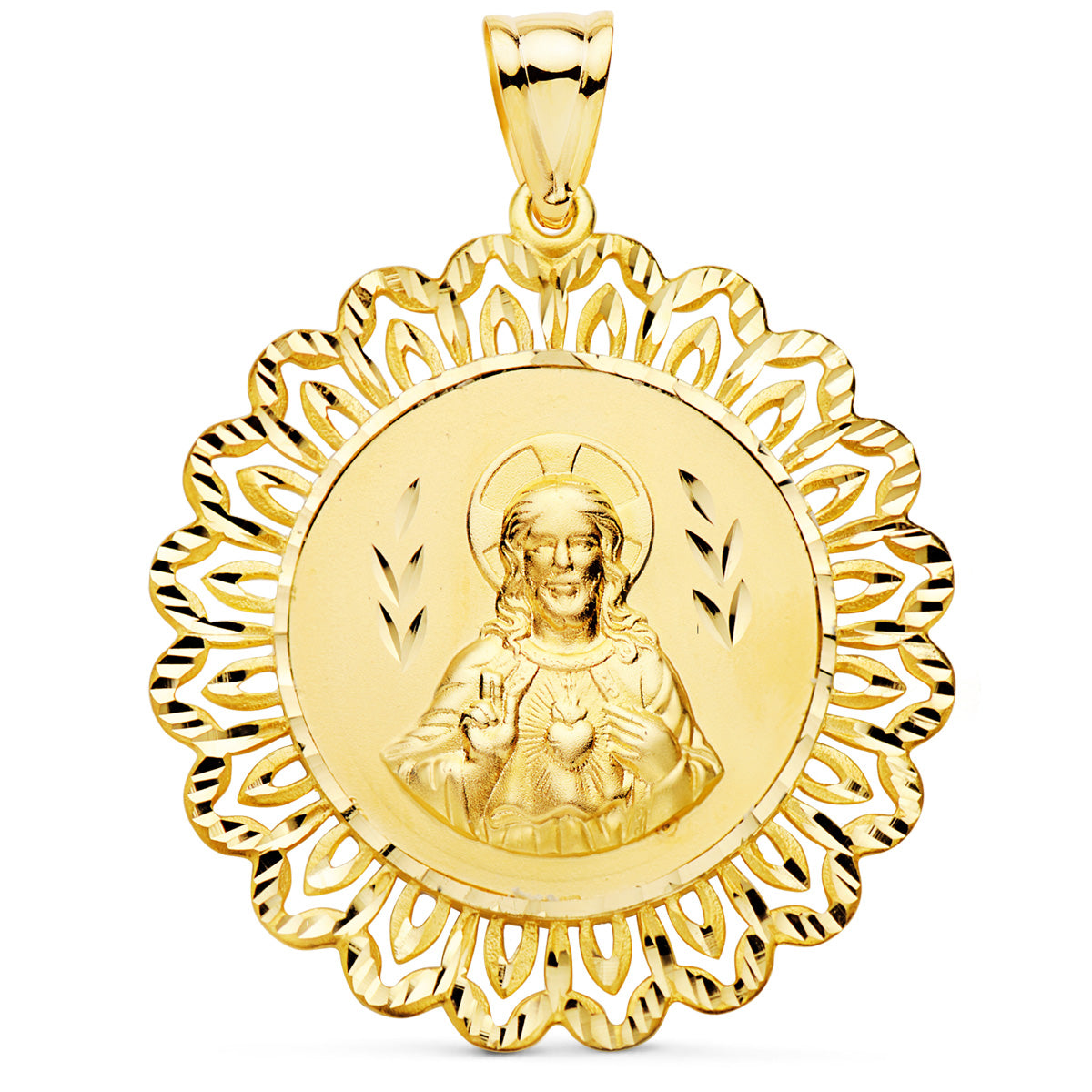 Medalla Corazon de Jesus Cerco Filigrana Tallado 37 x 37 mm de oro amarillo 18K