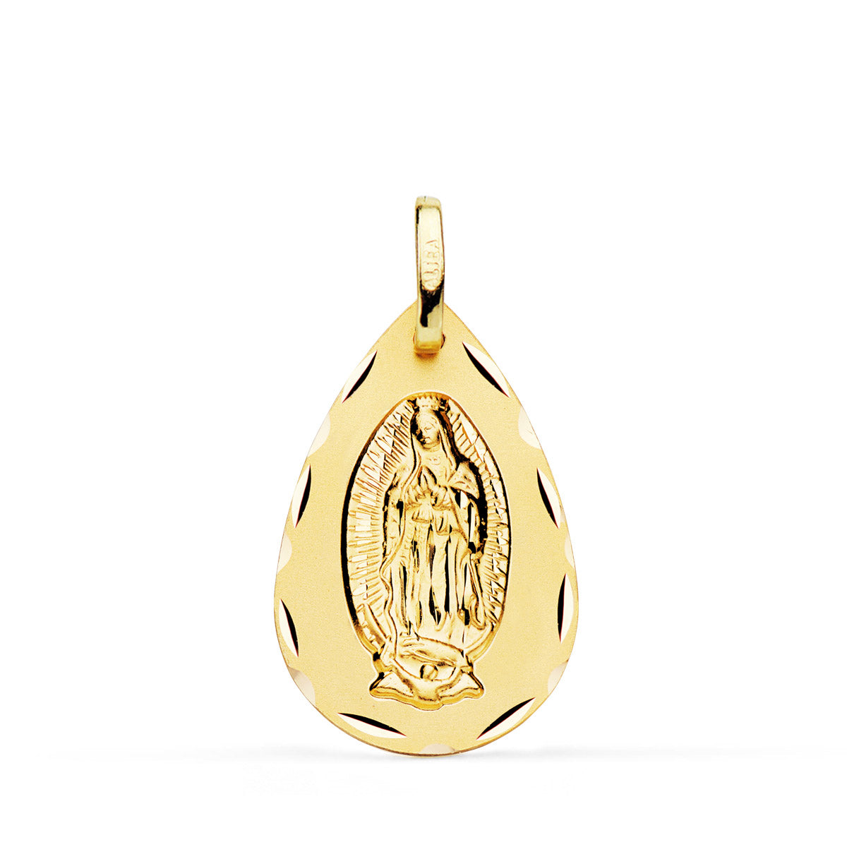 18K MEDALLA ORO AMARILLO VIRGEN DE GUADALUPE GOTA TALLA CLASICA 23X15 MM