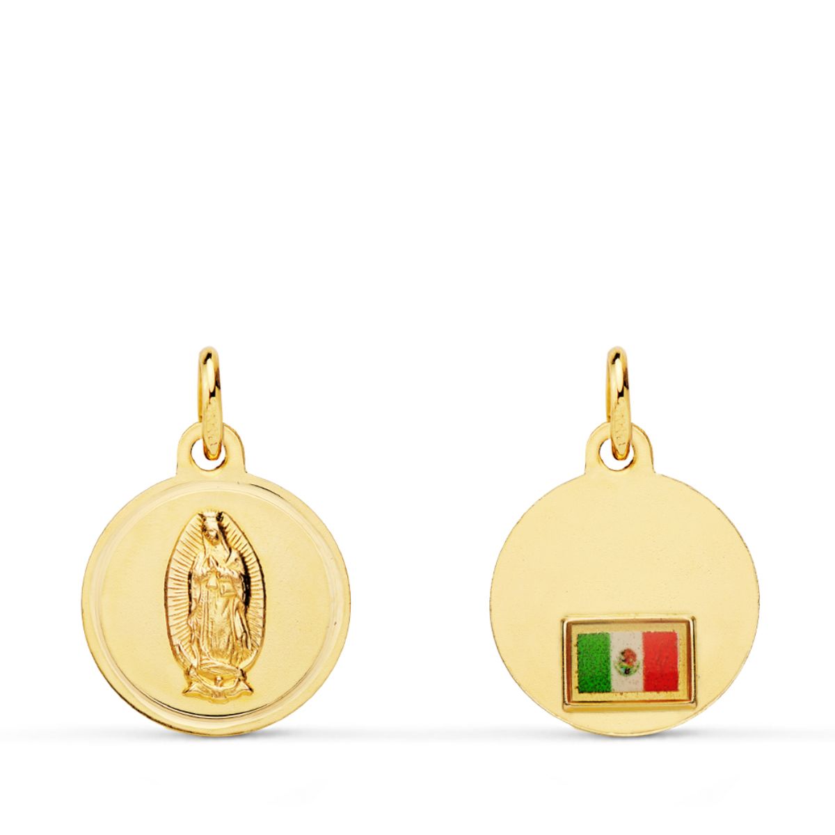 Medalla Virgen de Guadalupe con Bandera en Bisel 14 mm de oro amarillo 18K