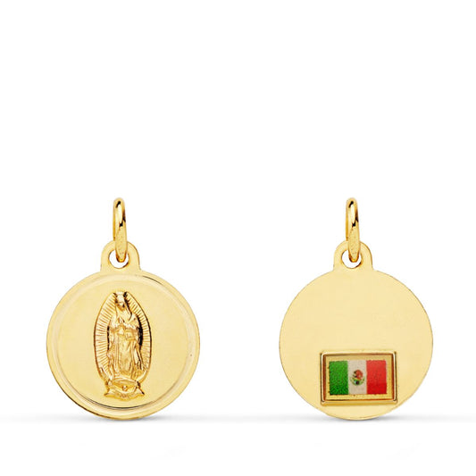 Medalla Virgen de Guadalupe con Bandera en Bisel 14 mm de oro amarillo 18K
