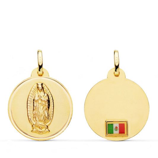 Medalla Virgen de Guadalupe con Bandera en Bisel 20 mm de oro amarillo 18K