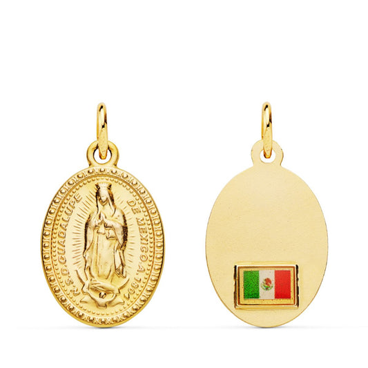 Medalla Virgen Guadalupe Oval con Bandera 18 x 14 mm de oro amarillo 18K
