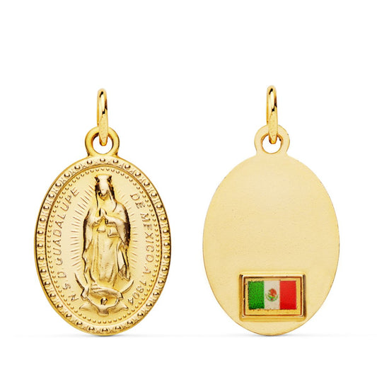 Medalla Virgen Guadalupe Oval con Bandera 20 x 15 mm de oro amarillo 18K