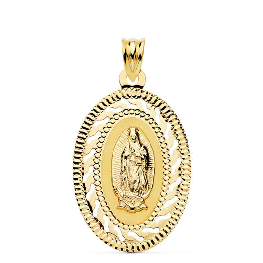 18K MEDALLA ORO AMARILLO VIRGEN GUADALUPE CERCO CALADO Y TALLADO. 34 X 22 MM