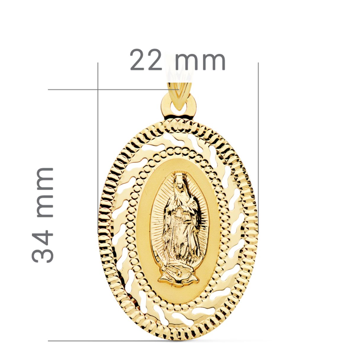 18K MEDALLA ORO AMARILLO VIRGEN GUADALUPE CERCO CALADO Y TALLADO. 34 X 22 MM