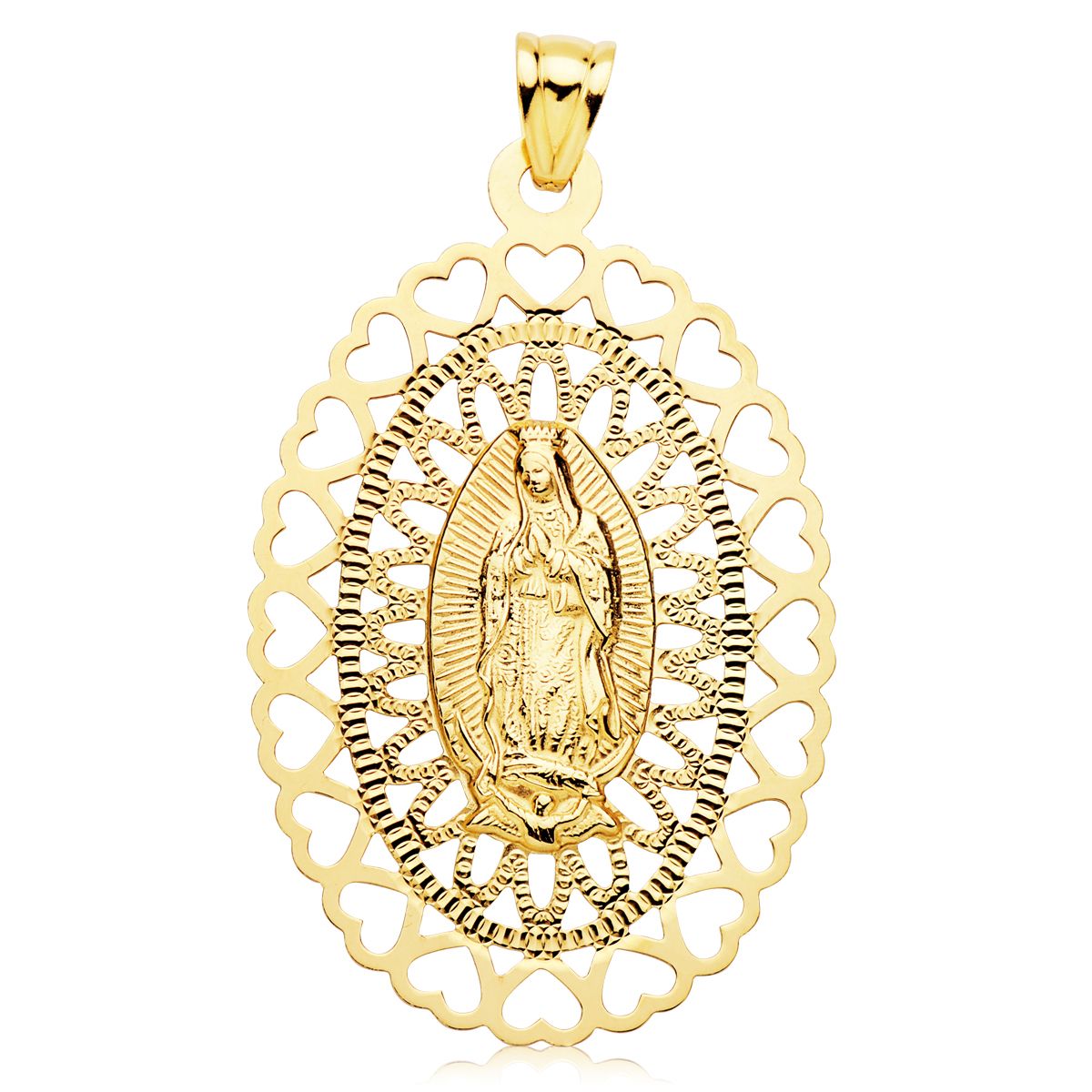 Medalla Virgen de Guadalupe Oval 50 x 35 mm Cerco Corazones de oro amarillo 18K