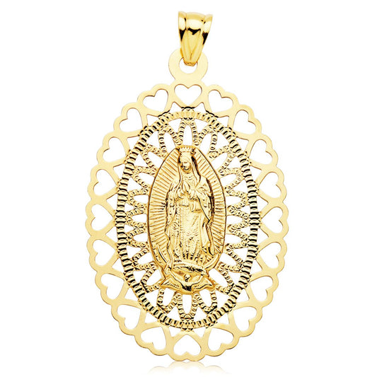 Medalla Virgen de Guadalupe Oval 50 x 35 mm Cerco Corazones de oro amarillo 18K