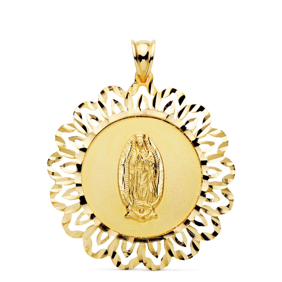 18K MEDALLA ORO AMARILLO VIRGEN GUADALUPE CERCO TALLADO 37X34 MM