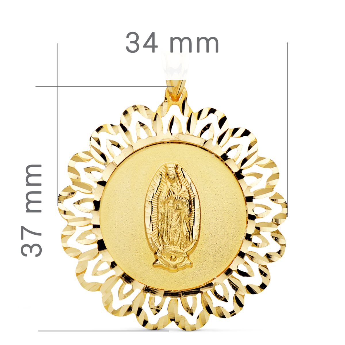 Medalla Virgen Guadalupe Cerco Tallado 37 x 34 mm de oro amarillo 18K