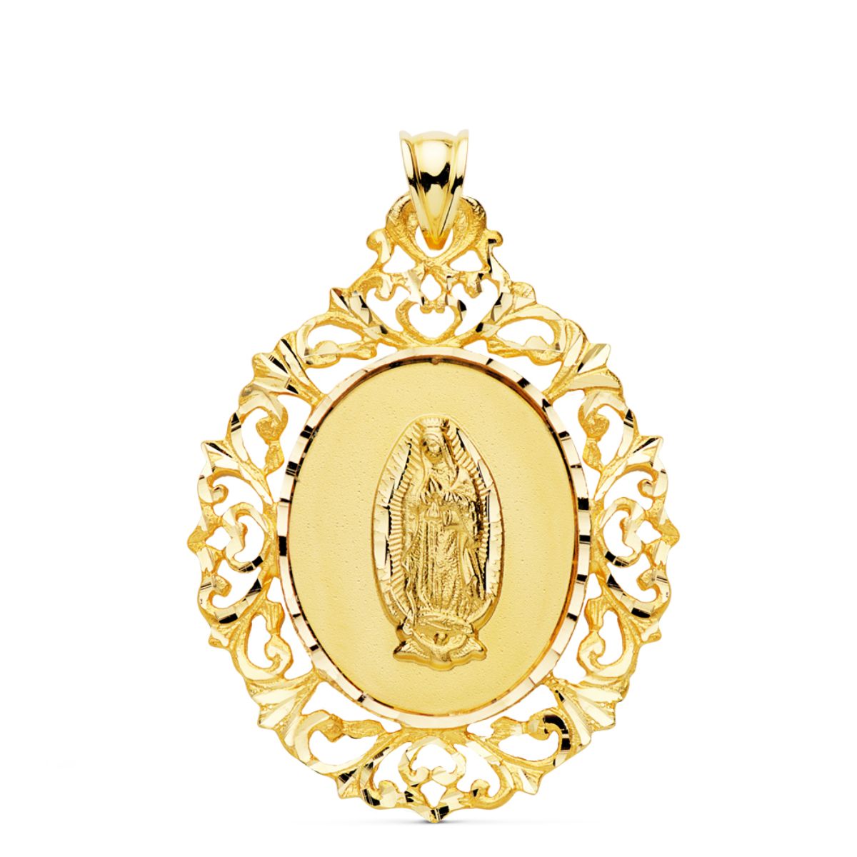 Medalla Virgen Guadalupe Cerco Filigrana 39 x 30 mm de oro amarillo 18K