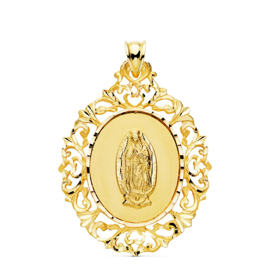 Medalla Virgen Guadalupe Cerco Filigrana 39 x 30 mm de oro amarillo 18K