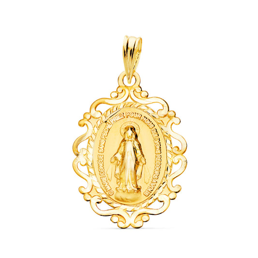 Medalla Virgen de la Milagrosa Cerco en Frances 23 x 16 mm 1.15gr de oro amarillo 9K