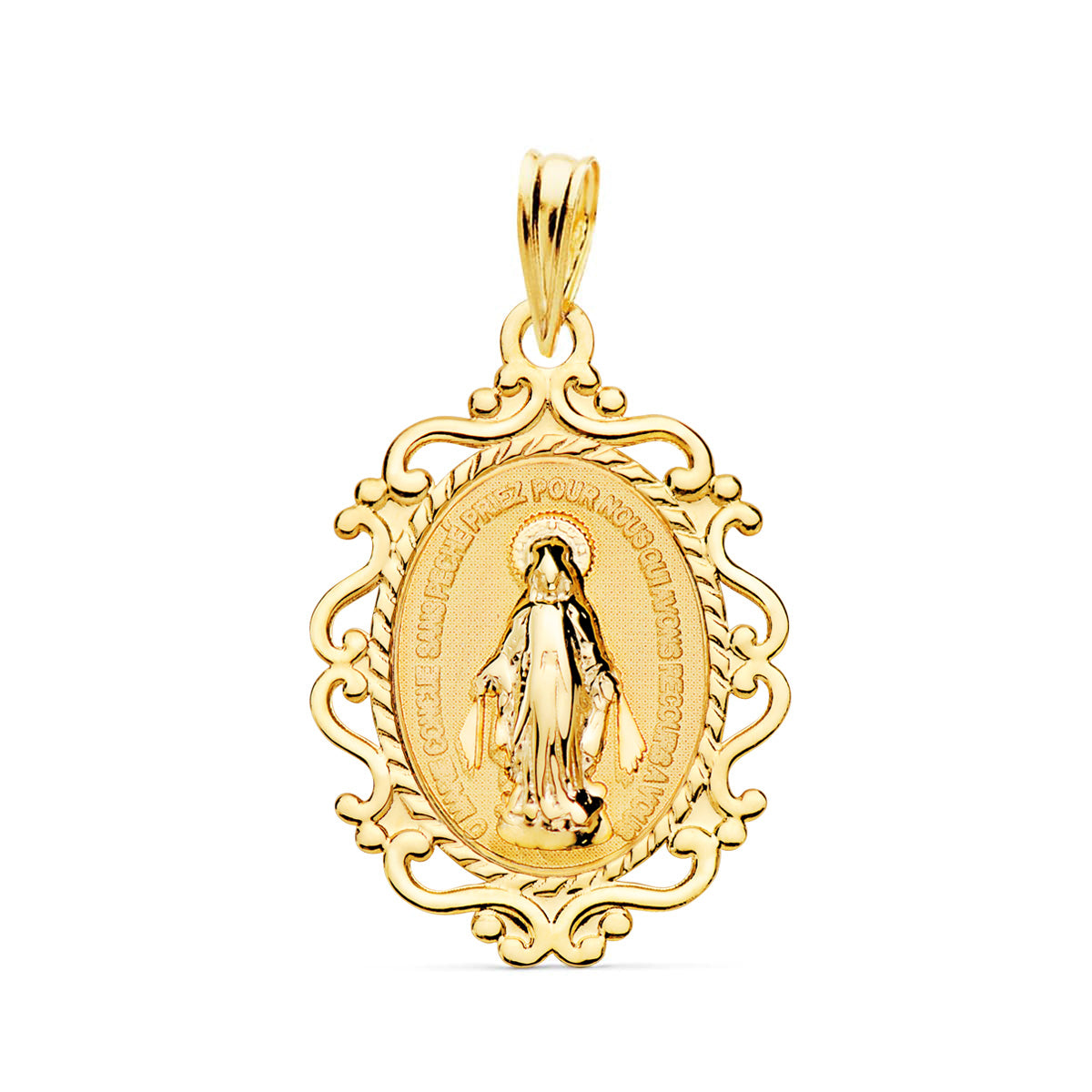 Medalla Virgen Milagrosa Cerco Filigrana en Brillo Frances 23 x 16 mm de oro amarillo 18K