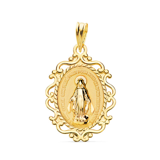 18K MEDALLA ORO AMARILLO VIRGEN MILAGROSA CERCO FILIGRANA EN BRILLO FRANCES 23 X 16 MM