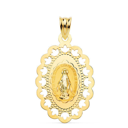 Medalla Virgen Milagrosa Cerco Calado 34 x 22 mm de oro amarillo 18K