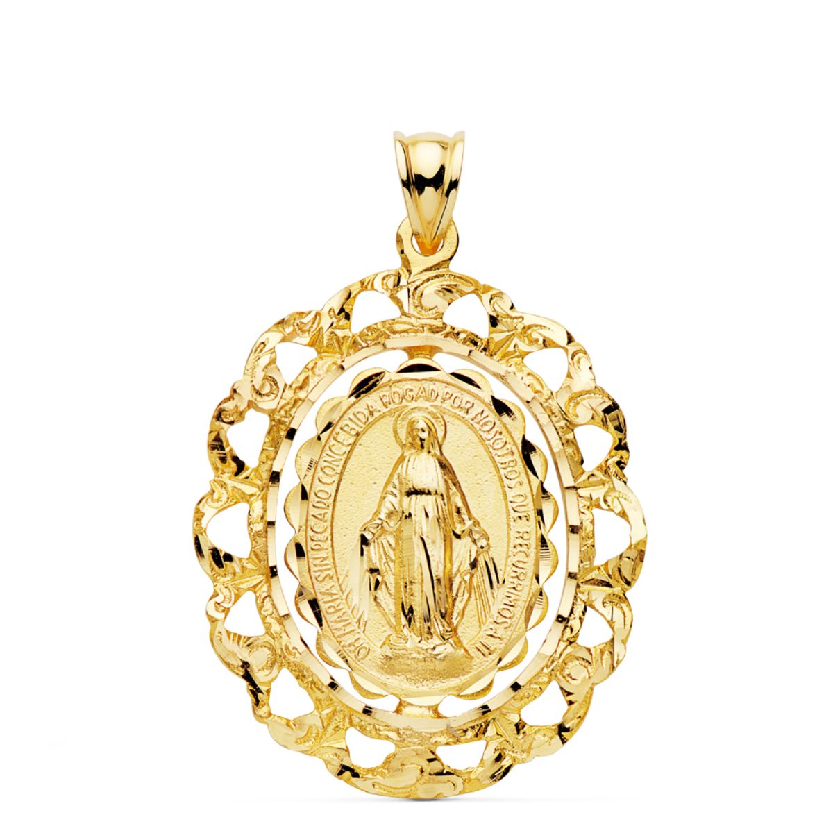 Medalla Virgen Milagrosa Cerco Filigrana Tallado 30 x 25 mm de oro amarillo 18K
