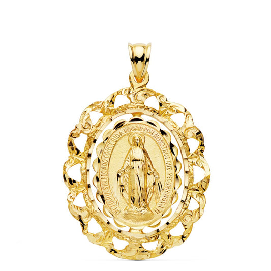 Medalla Virgen Milagrosa Cerco Filigrana Tallado 30 x 25 mm de oro amarillo 18K