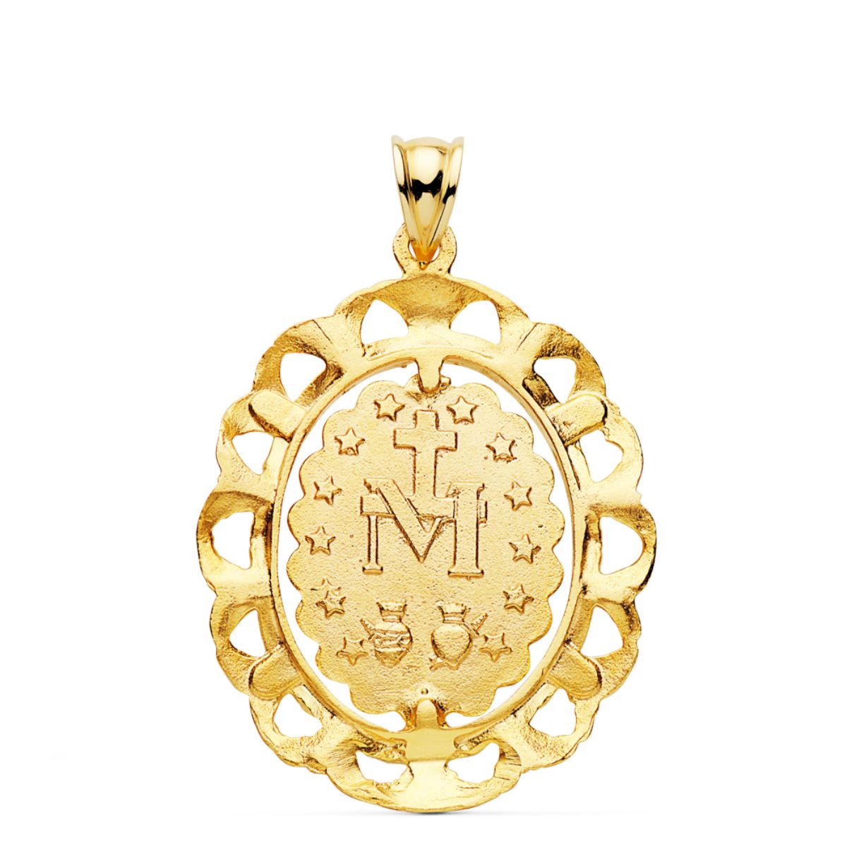 18K MEDALLA ORO AMARILLO VIRGEN MILAGROSA CERCO FILIGRANA TALLADO 30X25 MM