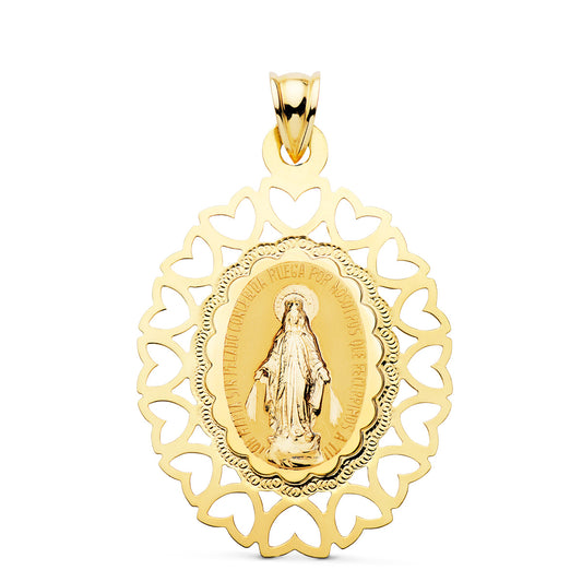 Medalla Virgen Milagrosa Oval Cerco Corazones. 40 x 33 mm de oro amarillo 18K