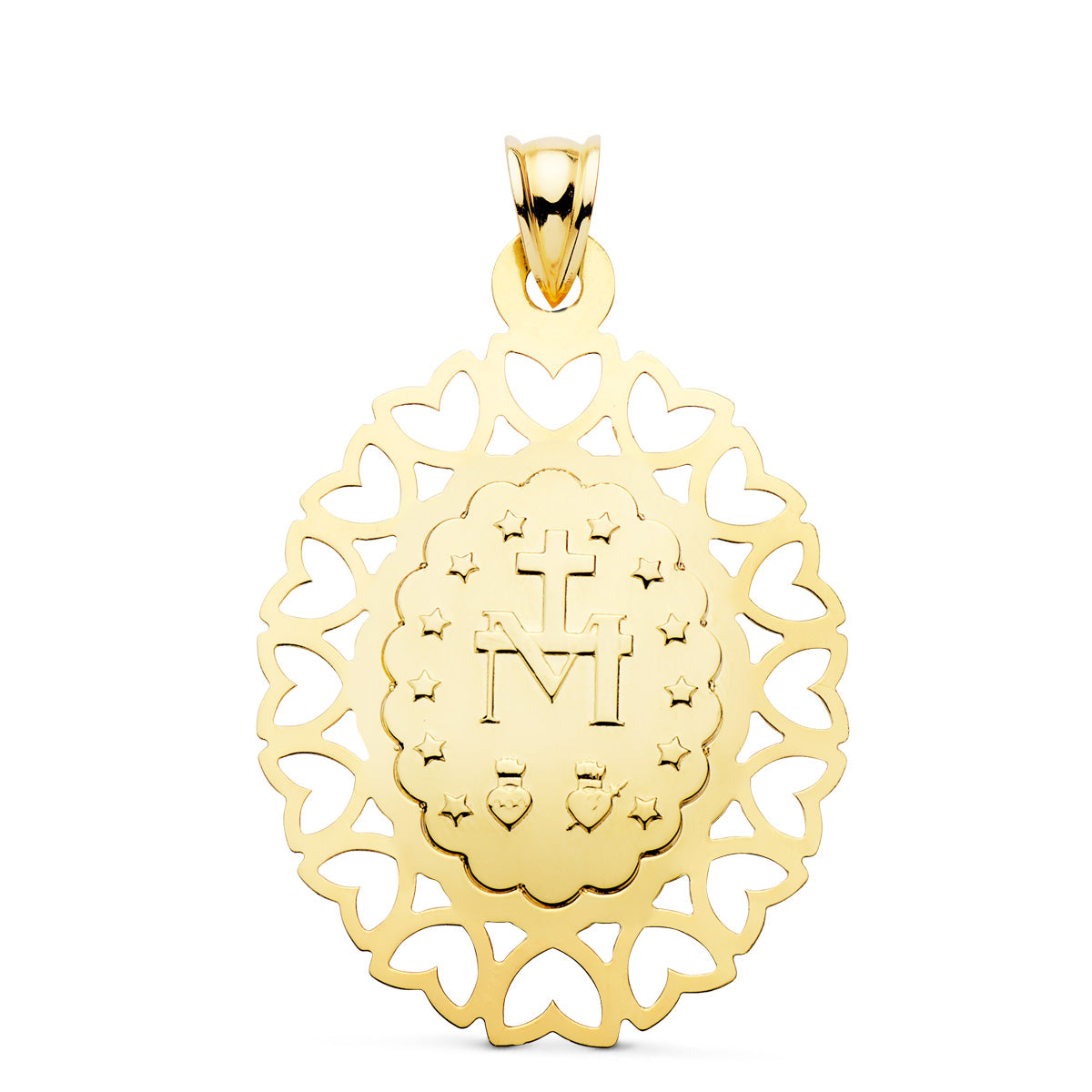 Medalla Virgen Milagrosa Oval Cerco Corazones. 40 x 33 mm de oro amarillo 18K