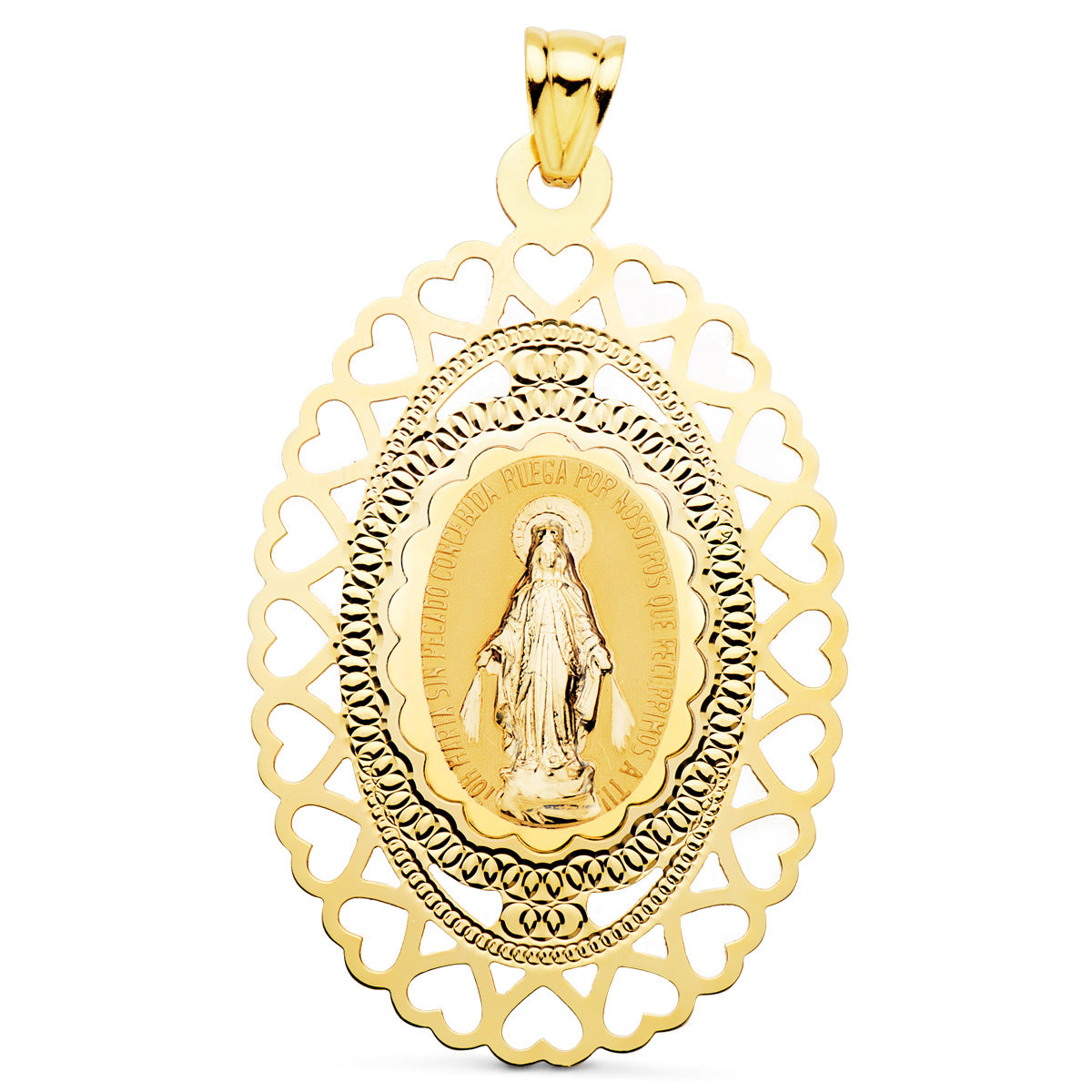 Medalla Virgen Milagrosa Oval Cerco Corazones. 50 x 35 mm de oro amarillo 18K