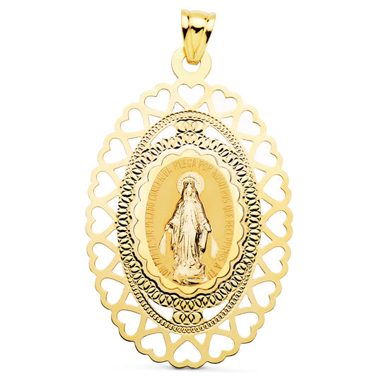 Medalla Virgen Milagrosa Oval Cerco Corazones. 50 x 35 mm de oro amarillo 18K