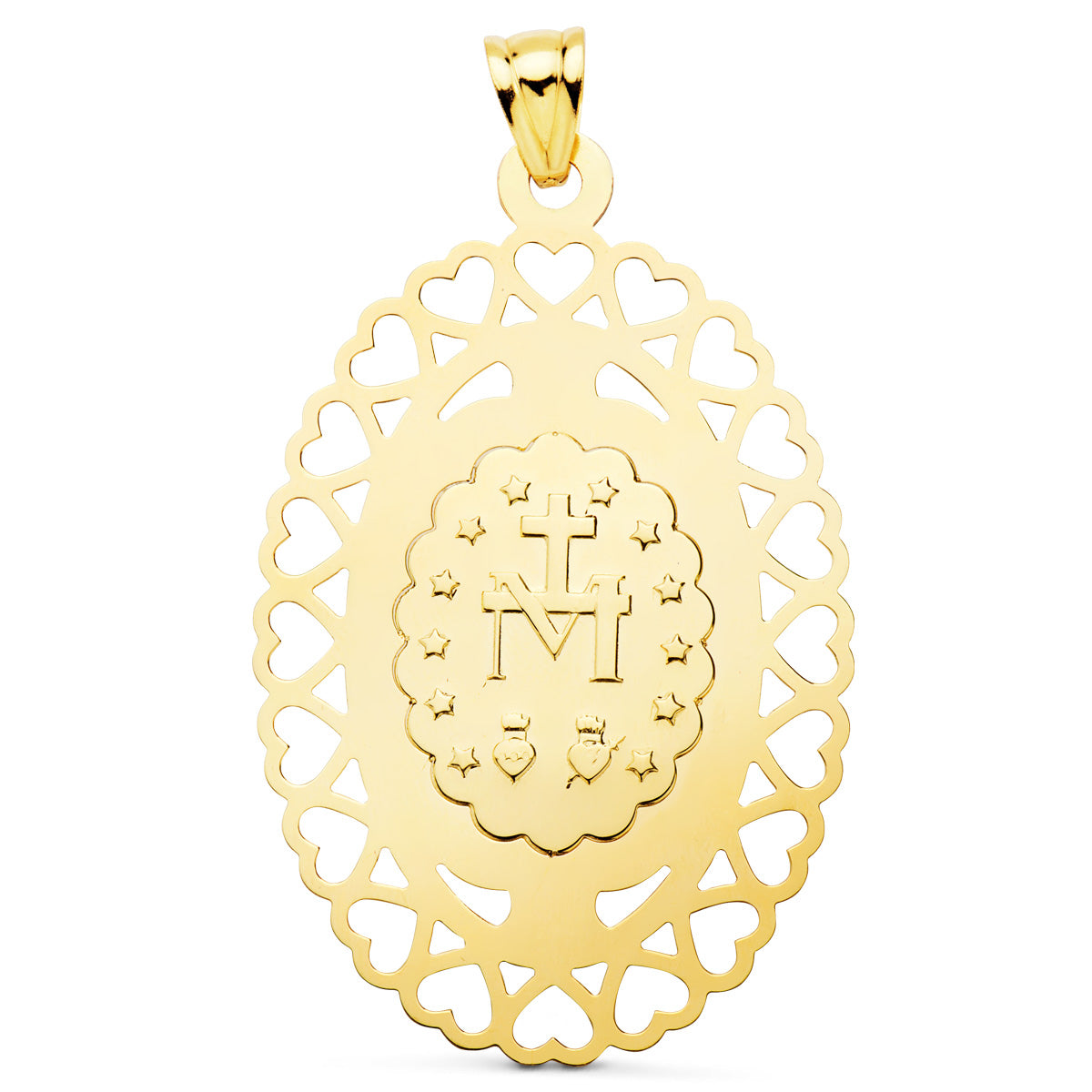 Medalla Virgen Milagrosa Oval Cerco Corazones. 50 x 35 mm de oro amarillo 18K