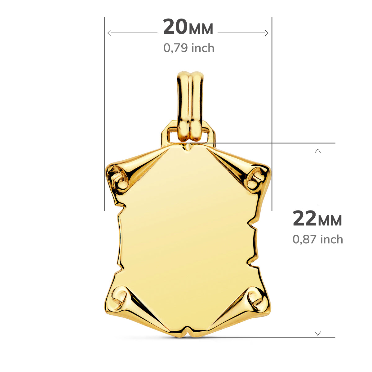 Placa Chapa Colgante Pergamino Liso Brillo Papiro. 22 x 20 mm de oro amarillo 18K