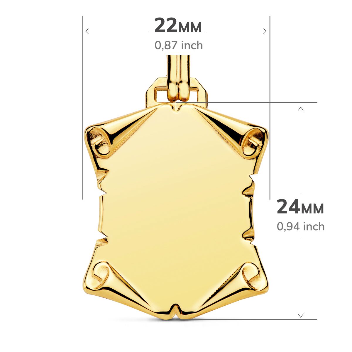Placa Chapa Colgante Pergamino Liso Brillo Papiro. 24 x 22 mm de oro amarillo 18K