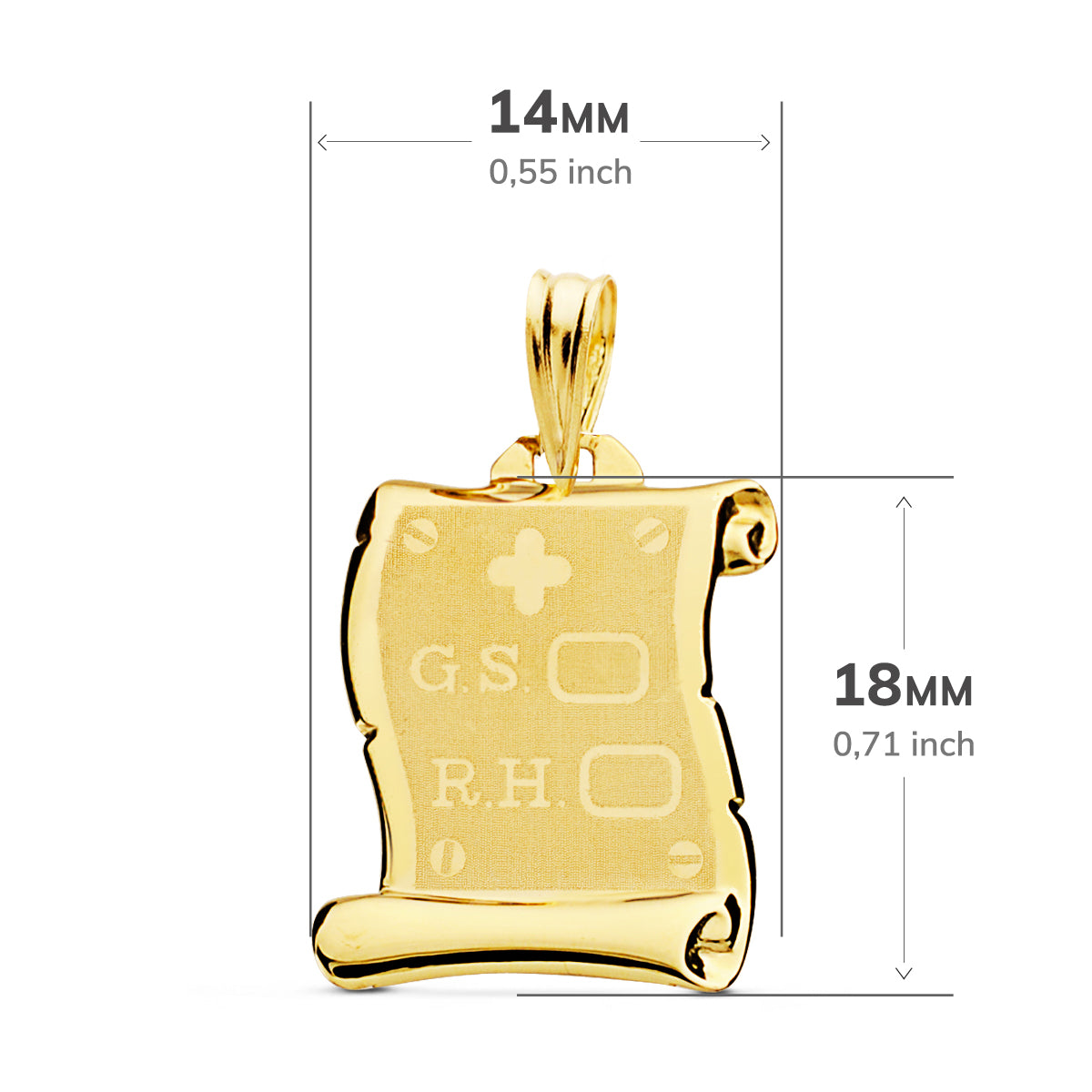 Placa Chapa Colgante Pergamino Brillo Grupo Sanguineo Rh Mate 18 x 14 mm de oro amarillo 18K